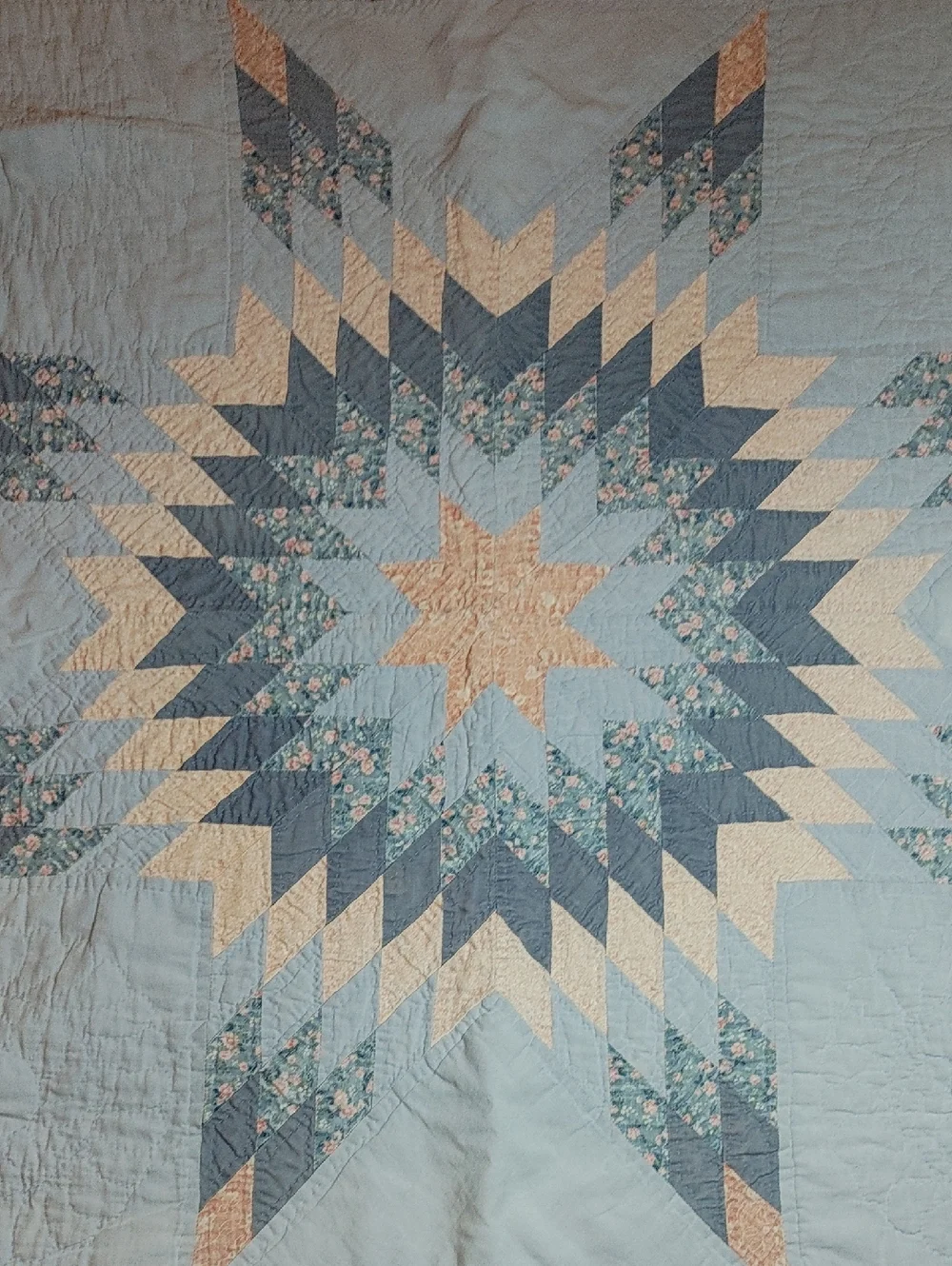 Antique Square Lonestar Small Hand Quilted Quilt in Blue and Pink